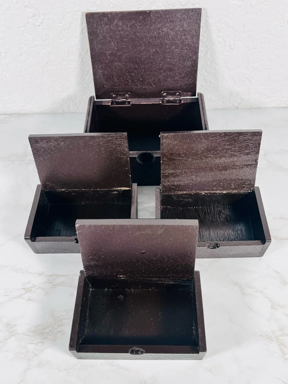 4 Vintage Thai Teak Wood and Silver Trinkets Boxes